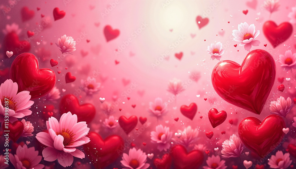 Floating red hearts and pink flowers on soft pink background Floating red hearts and pink flowers on soft pink background