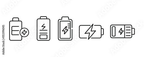 Battery icon set vector illustration for web and mobile app. Battery Full charge indicator or low charge sign, charging sign and symbol, battery charge level.