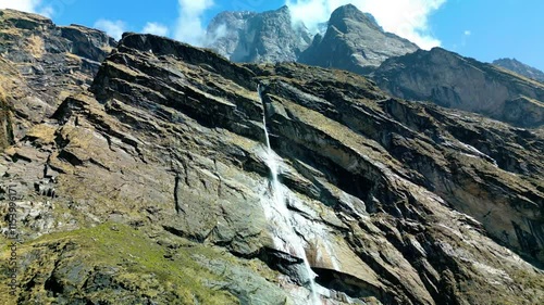 Waterfall in Nepal Mountain, Aerial Panorama of a Picturesque Waterfall in the Himalayas, Nepal