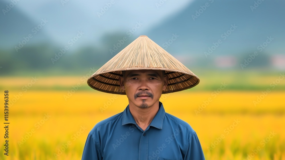 Obraz premium A portrait of a man wearing a traditional straw hat, standing in a vibrant rice field surrounded by lush green mountains, capturing the essence of rural culture and agriculture.