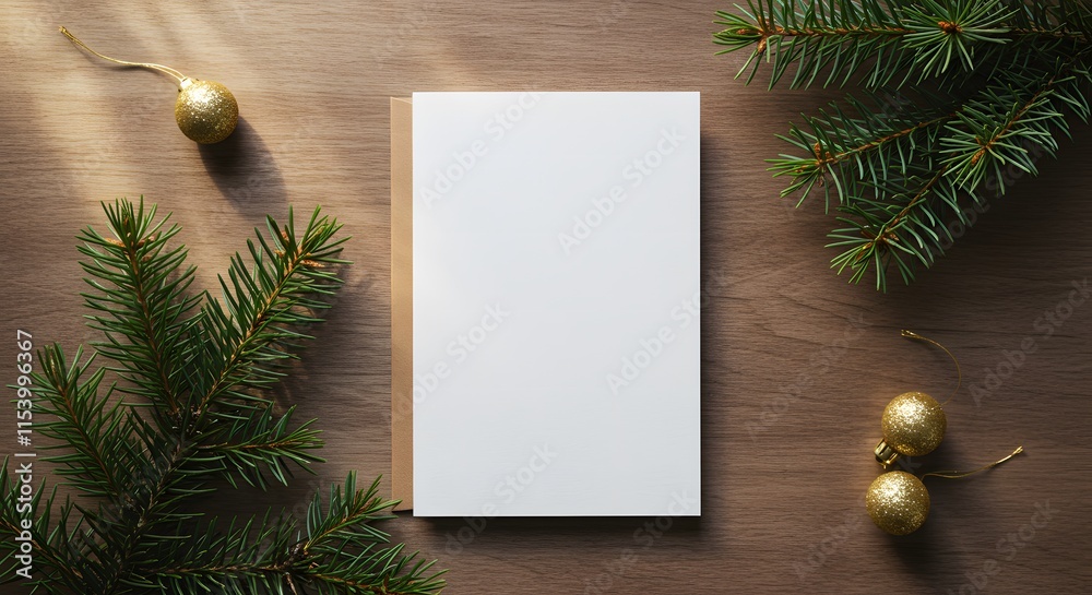 Obraz premium Holiday background with fir twigs and blank paper invitation card. christmas or new year frame composition. holiday and celebration concept for postcard or invitation. top view. flat lay