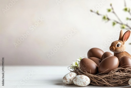 A charming Easter arrangement featuring a beautiful bunny figurine nestled among chocolate eggs in a natural nest, complemented by delicate blossoms against a soft, neutral background. photo