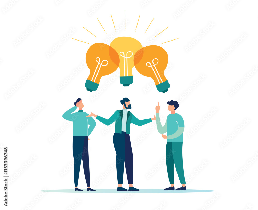 Exchange of ideas, collaboration, teamwork, smart thinking businessmen, office workers unite to share the idea of a light bulb, vector illustration Exchange of ideas, collaboration, teamwork, smart thinking businessmen, office workers unite to share the idea of a light bulb, vector illustration