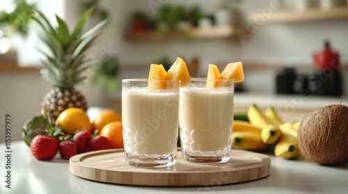 tropical drink presentation, two coconut-infused tropical drinks in frosted glasses sit on a wooden tray, encircled by vibrant fruits, atop a modern white kitchen table photo