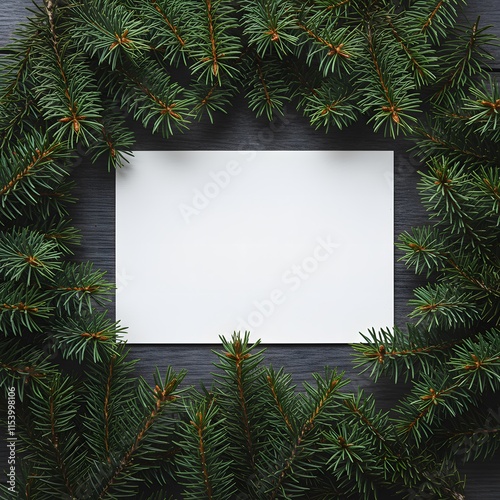 Holiday background with fir twigs and blank paper invitation card. christmas or new year frame composition. holiday and celebration concept for postcard or invitation. top view. flat lay