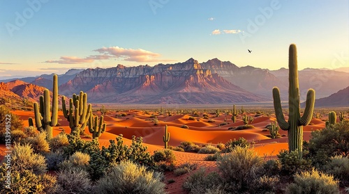 Desert Landscape with Cacti and Mountains photo