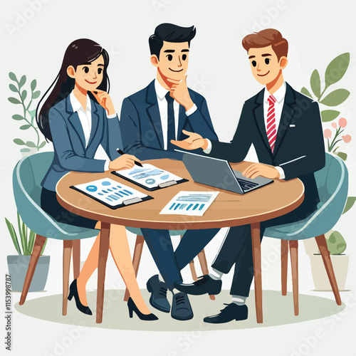 partners meeting for business discussion with documents and laptop on desk.couple at round table ,speaking ,discussing work,partnership.flat vector illustration isolated on a white background