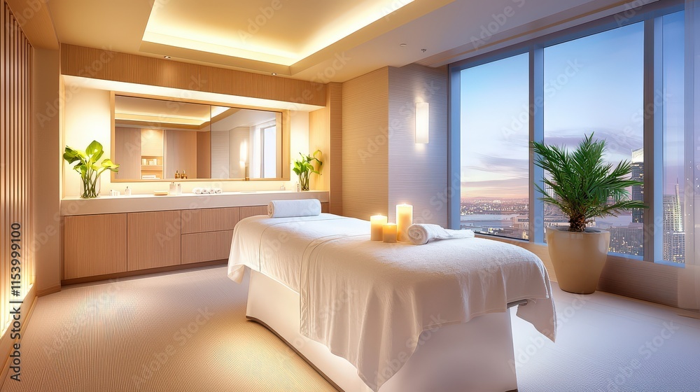Fototapeta premium A luxurious spa setting showcasing a massage table, aromatic candles, and plush towels in a calming environment.
