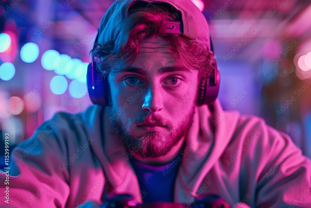 A young man concentrates intensely on his gaming console during a late-night session. Surrounded by colorful neon lights, he wears headphones and appears fully immersed in the game A young man concentrates intensely on his gaming console during a late-night session. Surrounded by colorful neon lights, he wears headphones and appears fully immersed in the game
