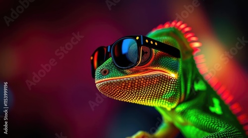 Chameleon outlined in angular shapes, with a bowtie and sharp geometric facets, set on a solid color backdrop, modern minimal vector art.