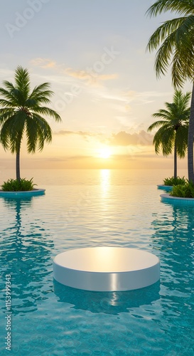 Podium stand in luxury swimming pool water with sea and sunset view. Summer background of tropical design product placement display. Hotel resort poolside backdrop.