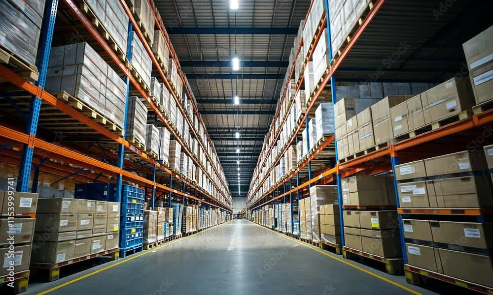 Aisle View of a Spacious Warehouse with Tall Shelving Units Filled with Cardboard Boxes Storing Various Goods and Inventory for Efficient Organization and Management