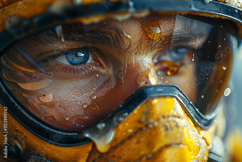 Close-up of a man wearing protective gear, including a hazmat suit, mask, and goggles generative AI photo