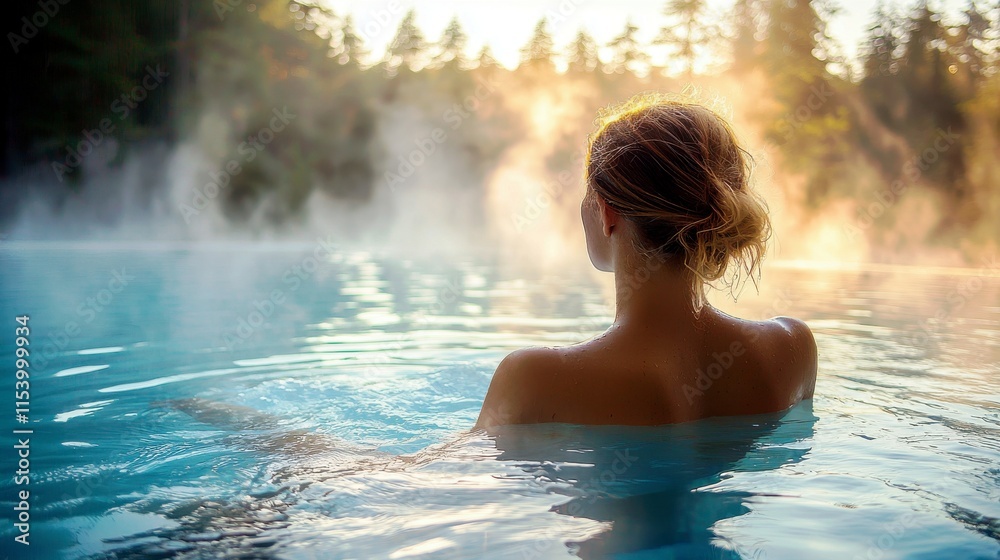 Fototapeta premium Woman Relaxing in Hot Spring Water Surrounded by Trees and Mist at Sunrise in Serene Nature Environment for Spa and Wellness Imagery