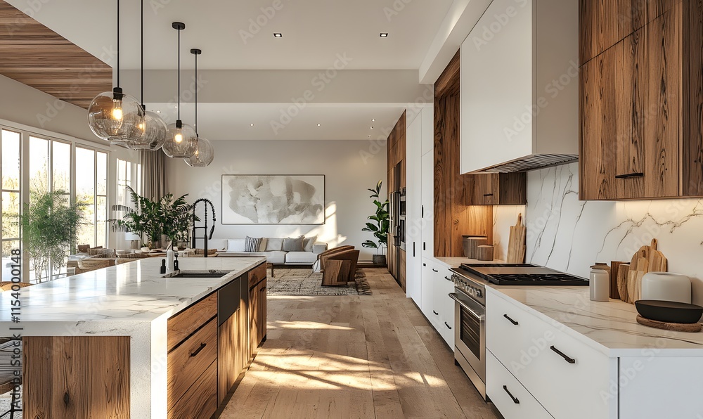 Fototapeta premium a Modern Kitchen with Crisp White and Rich Wood Elements