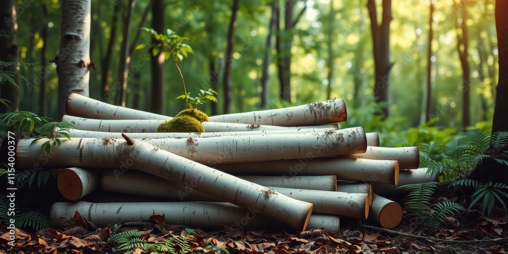 A pile of pale logs rests on the forest floor, a tiny sprout emerges from a patch of moss nestled amongst the wood. A pile of pale logs rests on the forest floor, a tiny sprout emerges from a patch of moss nestled amongst the wood.