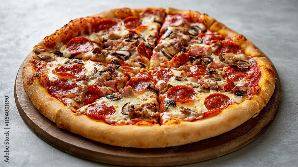Delicious pepperoni and sausage pizza presented on a wooden serving board ready to be enjoyed Delicious pepperoni and sausage pizza presented on a wooden serving board ready to be enjoyed