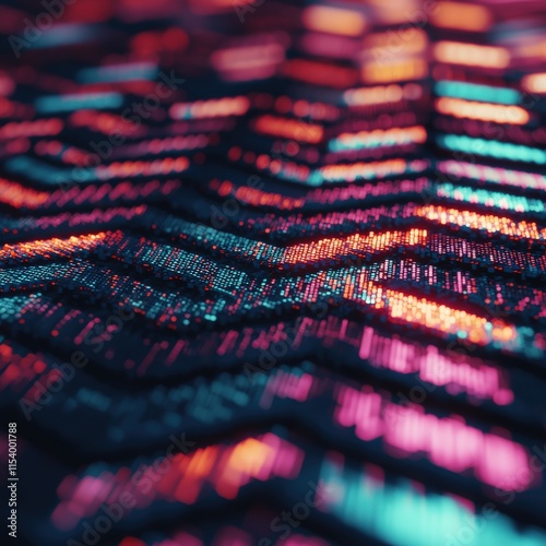 A close-up of vibrant, textured fabric featuring shimmering patterns in shades of purple, blue, and pink.