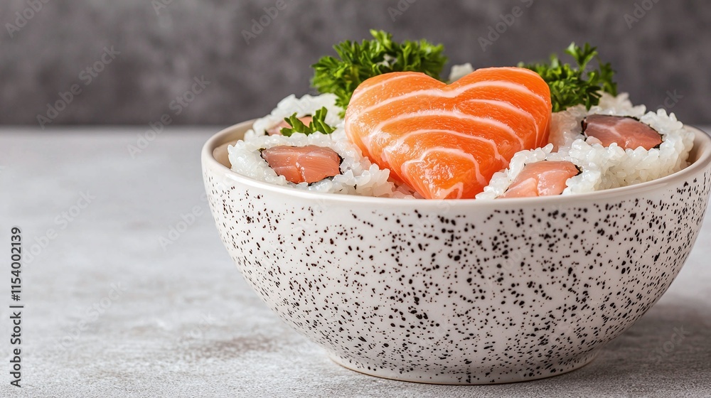 Salmon sushi rolls and nigiri in a heart shape arranged in a bowl. Salmon sushi rolls and nigiri in a heart shape arranged in a bowl.