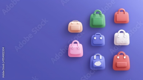 colorful bags with minimalist concept. Colorful mini backpacks arranged on a purple background, showcasing various styles and hues. photo