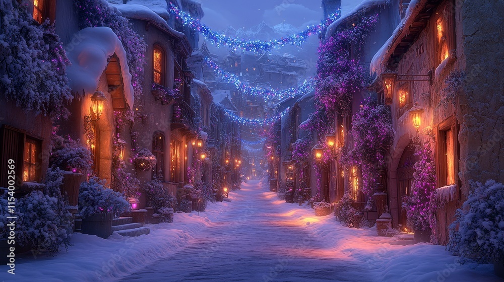 Obraz premium Charming snowy village street at night