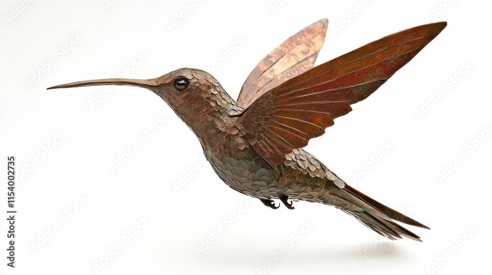 Fototapeta premium Metal hummingbird sculpture in flight, detailed texture, copper tones.