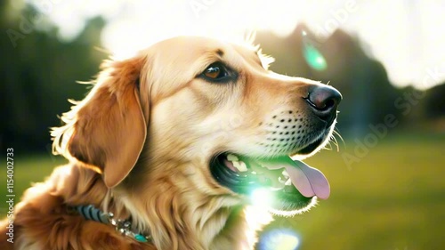 A golden retriever holding a tennis ball in its mouth, expressing playfulness and joy. The setting is outdoors, perfect for themes of pets and active lifestyle. photo