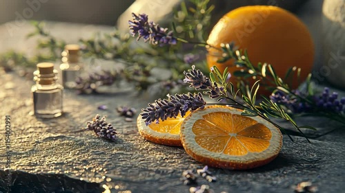 Bottles of lavender and orange essential oil. Selective focus photo