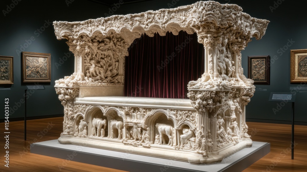 Naklejka premium Elegant throne with detailed carvings and plush velvet, showcased on a platform in an art gallery