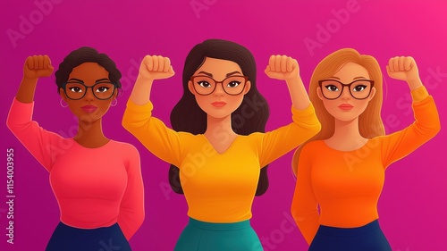 Diverse group of empowered women standing together against a pink background photo