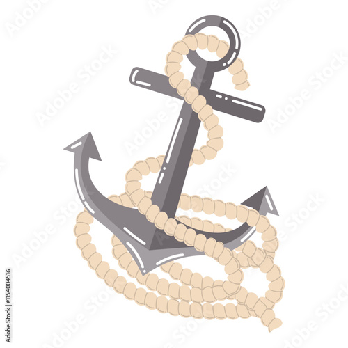 Cartoon sea anchor from ship with rope in flat style. Nautical concept.