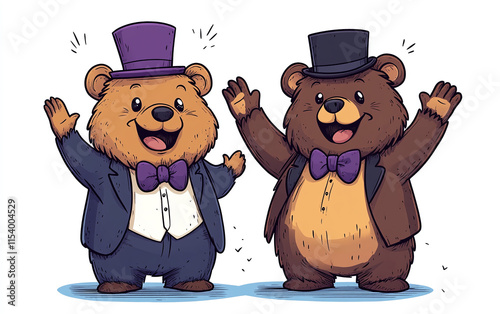 Cute cartoon illustration of two cheerful bears wearing tuxedos and top hats, joyfully waving their paws. Perfect for childrens themes or party invitations photo