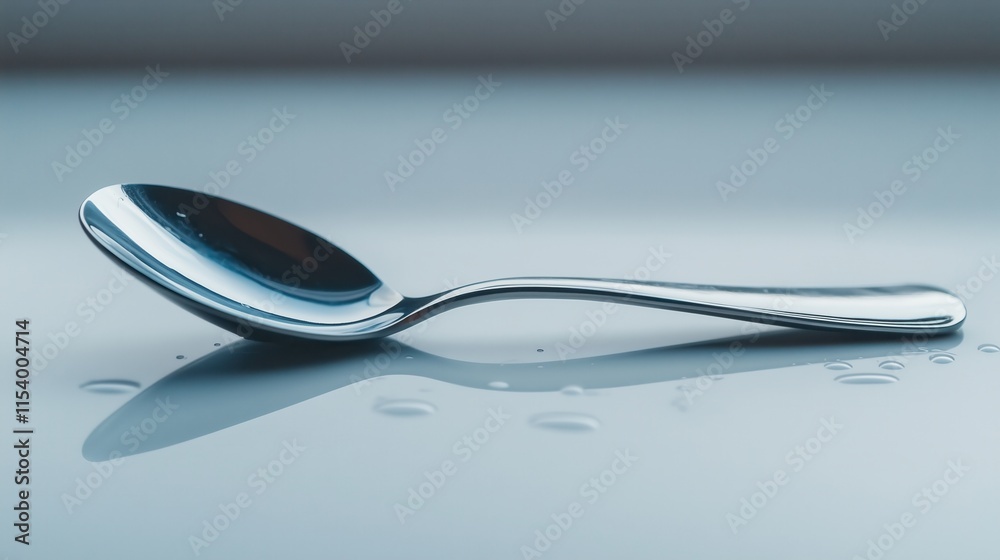 Metallic Spoon on Reflective Surface with Water Droplets