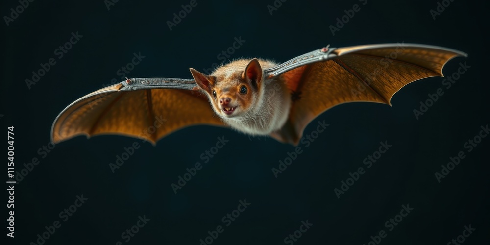 Obraz premium A small bat in flight against a dark background, showcasing its detailed wings and furry body