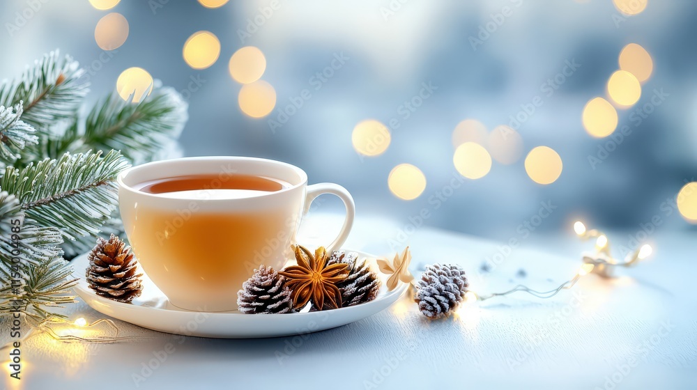 Hot spiced tea in a ceramic cup, surrounded by a wintery setup of pinecones and fairy lights, perfect for cozy moments. Hot spiced tea in a ceramic cup, surrounded by a wintery setup of pinecones and fairy lights, perfect for cozy moments.