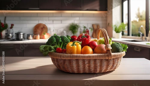 An artisan basket of fresh fruits and veggies sits on a sunlit table in a modern kitchen. A vibrant, rustic scene with natural light showcasing organic produce and cozy, high-quality decor.