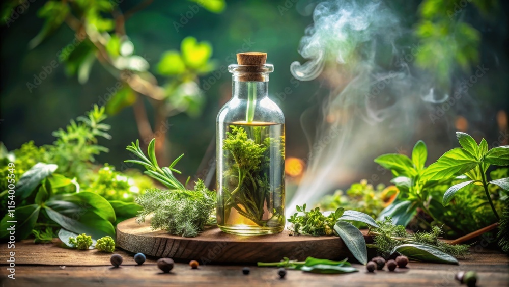 Steam rising from a glass bottle filled with fragrant homemade herb oil Steam rising from a glass bottle filled with fragrant homemade herb oil