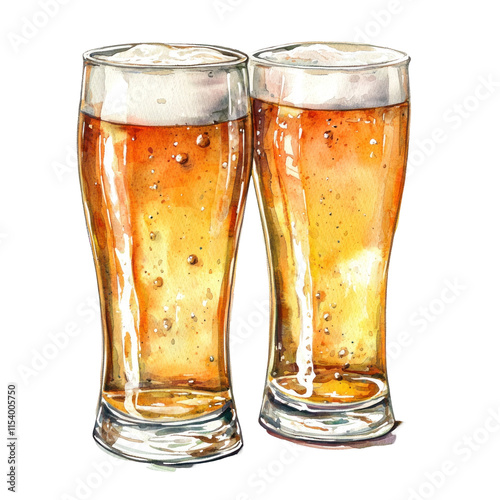 Artistic Illustration of Two Glasses of Beer with Foam and Bubbles in a Vibrant Watercolor Style