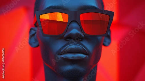 This striking image features person wearing bold sunglasses against vibrant red background, creating captivating visual contrast. modern aesthetic and unique style evoke sense of confidence and