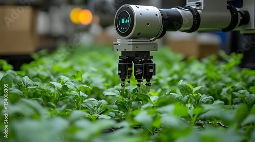 Robotic arm tending to a field of green plants photo