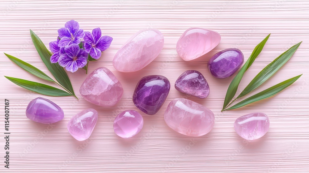 Rose Quartz stones and Amethyst arranged in a healing pattern on a wooden table for spiritual balance.