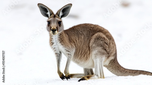 Red kangaroo in snowy landscape.