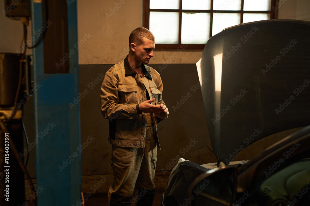 Fototapeta premium Mechanic opening the bonnet and repairing broken car in car service