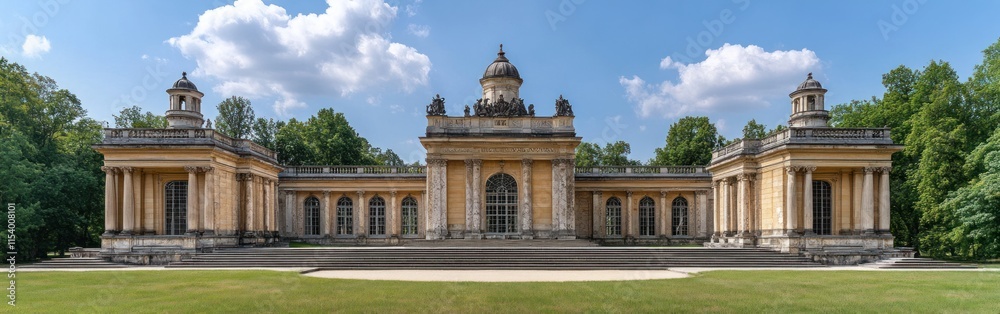 Fototapeta premium Symmetrical pavilions frame a grand palace, with marble steps and a vast garden under a clear blue sky