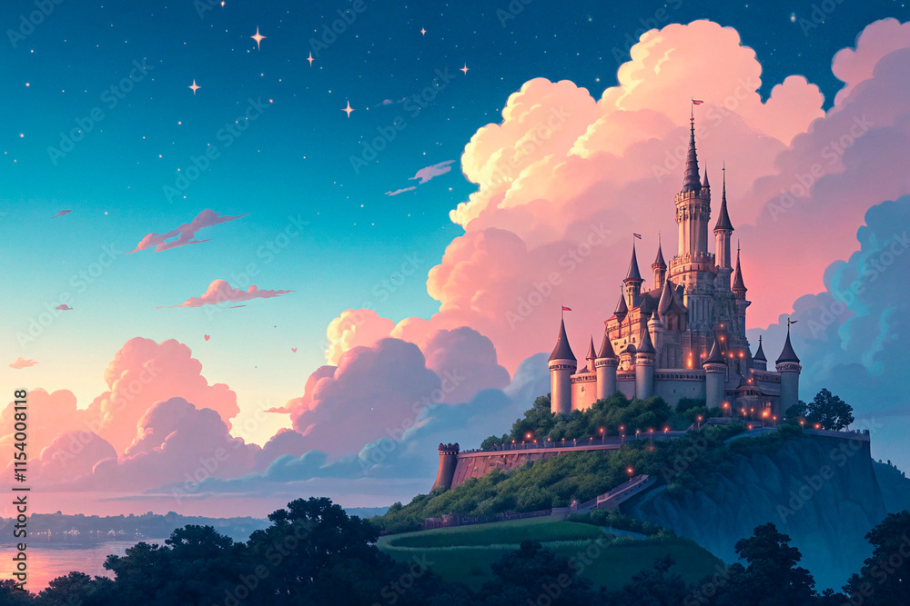 Naklejka premium Floating castle illustration, open world game destination, game background style, evening scene with pink blue and orange gradient in the sky and big floating clouds - generated by ai