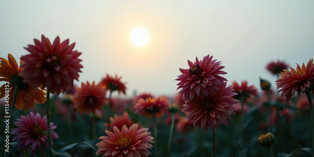 Fototapeta premium Sunset Bloom A Field of Vibrant Pink and Orange Dahlias Silhouetted Against the Evening Sun