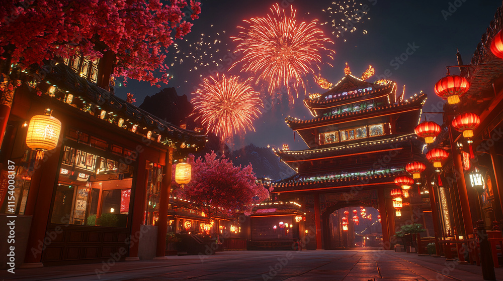 Fireworks above a Chinese temple during New Year celebrations Fireworks above a Chinese temple during New Year celebrations