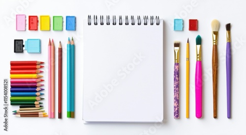 Many different colored pencils and a notebook on a table, space for text photo