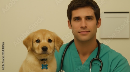 A veterinarian in scrubs poses with a golden retriever puppy in a clinical setting, showcasing the bond between humans and pets in healthcare. photo