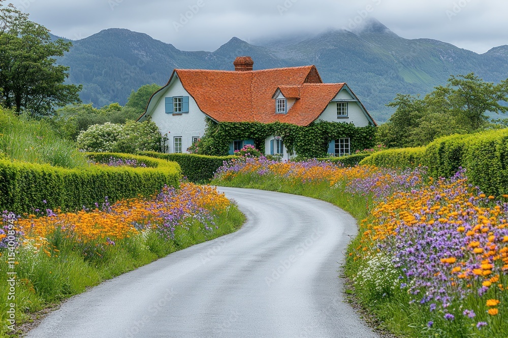 Fototapeta premium A peaceful lane leads to a charming farmhouse, surrounded by colorful wildflowers and tall hedges